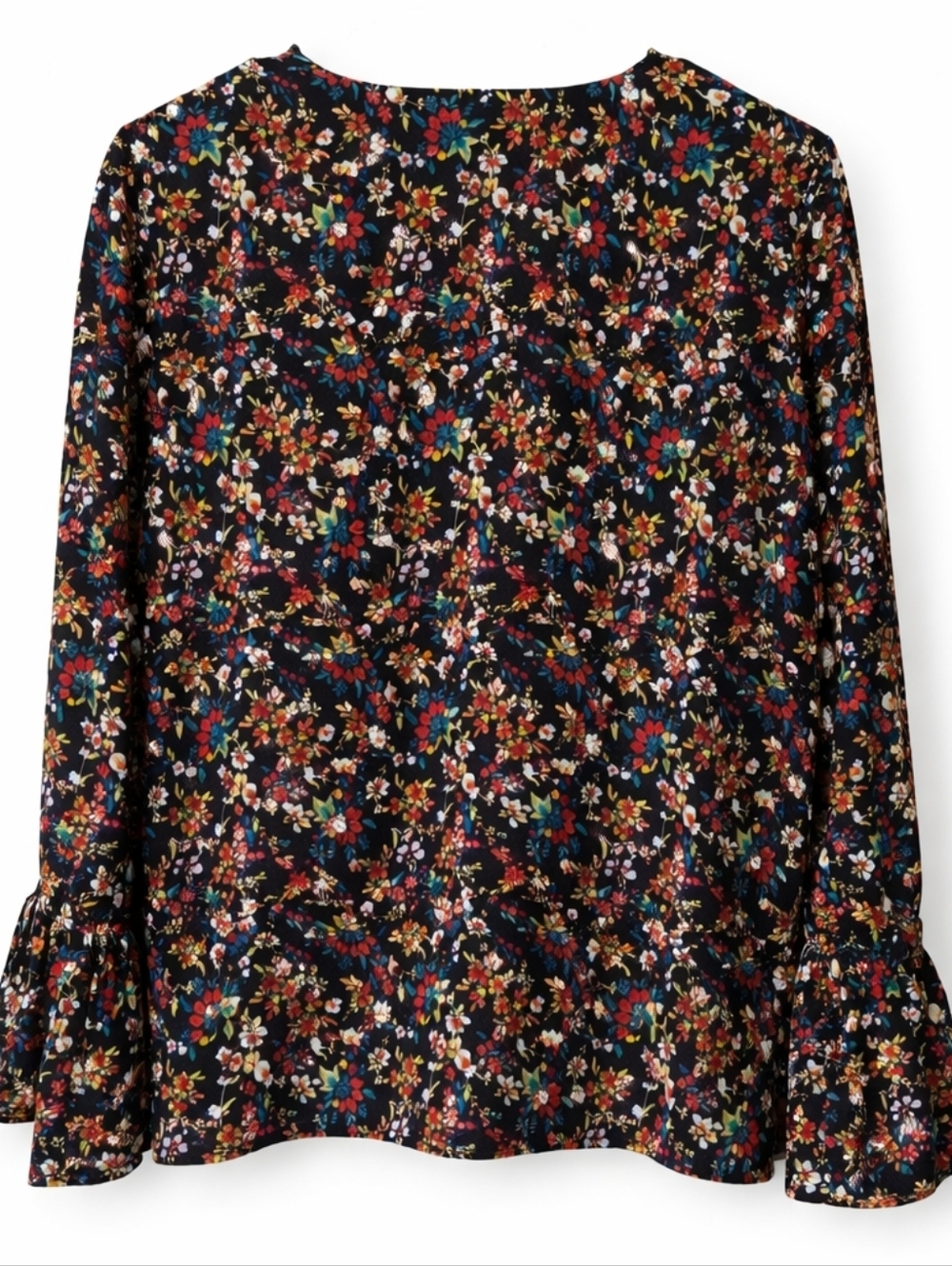 J. Crew Black Floral Peasant  Long-Sleeve V-Neck Blouse Bell Sleeve‎ Size 4